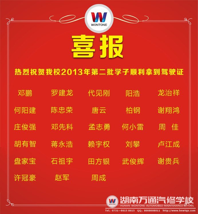 湖南萬通2013年第二批考取駕駛證的學子名單